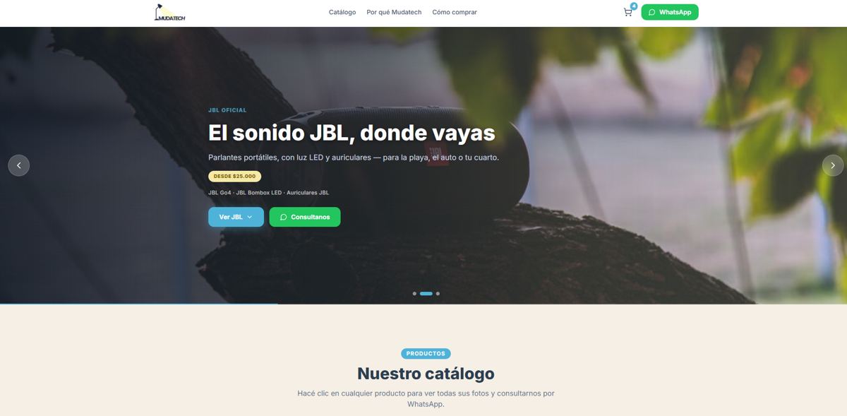 Captura del sitio en vivo de Mudatech